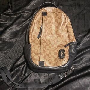 Coach Tan Signature Monogram Sling Backpack with Black Trim